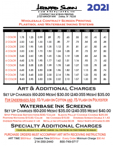2021 LSA Contract Screen Printing Prices