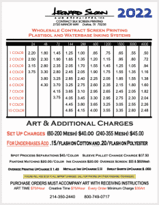 LSA Screenprinting Price List 2022-05-01 | Wholesale Contract Screen Printing