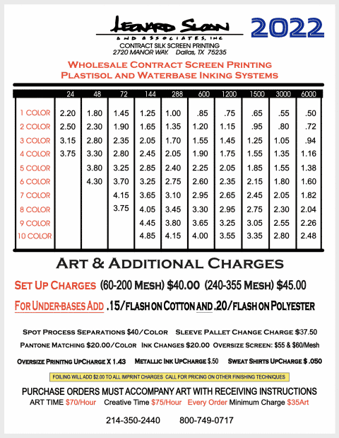 LSA Contract Screenprinting Price List 2022-05-01