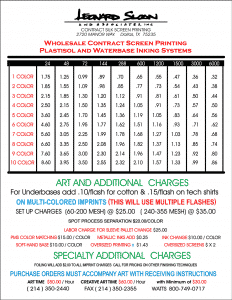Contract Screen Printing Price List
